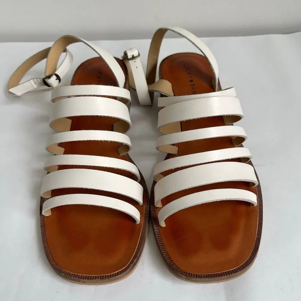 Lucky Brand Firola 9.5 M White Leather Strappy Sandals‎ Ankle Straps Summer